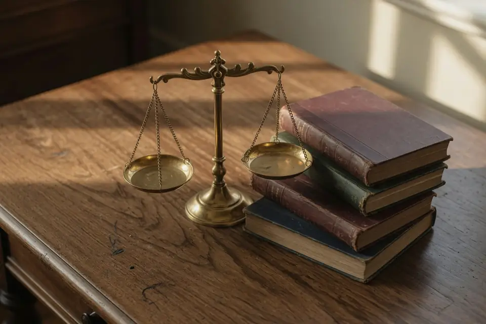 A brass scale and law books on a wooden desk