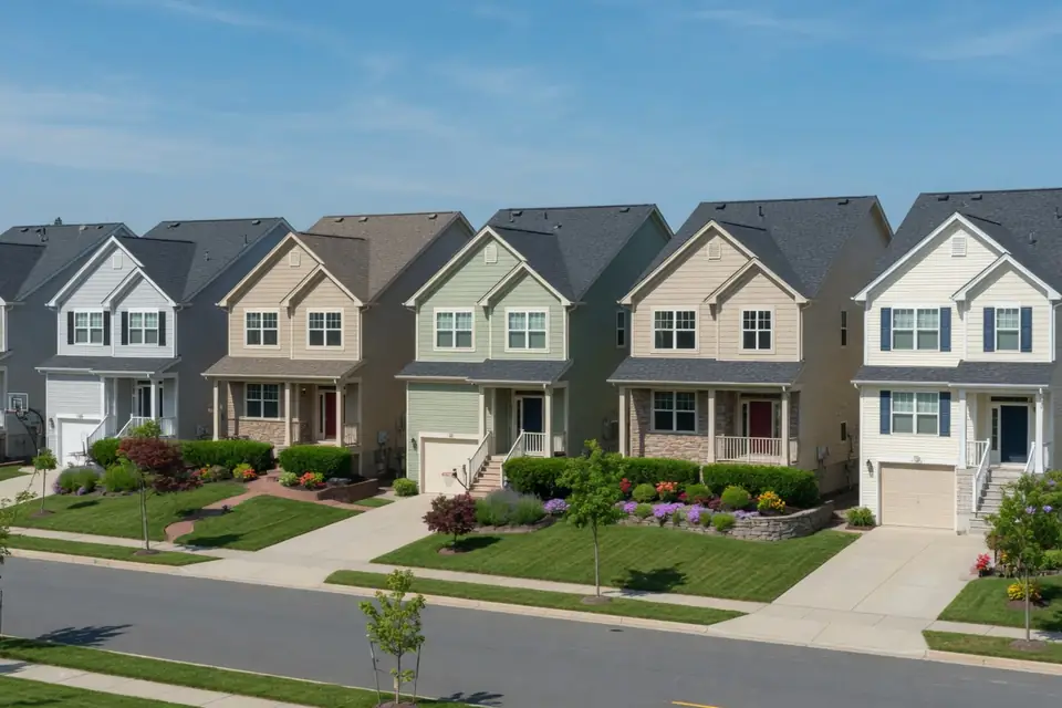 A row of suburban houses on a sunny street