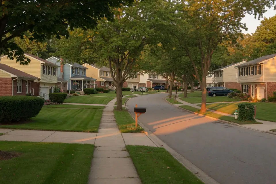 A quiet suburban street of single-family homes