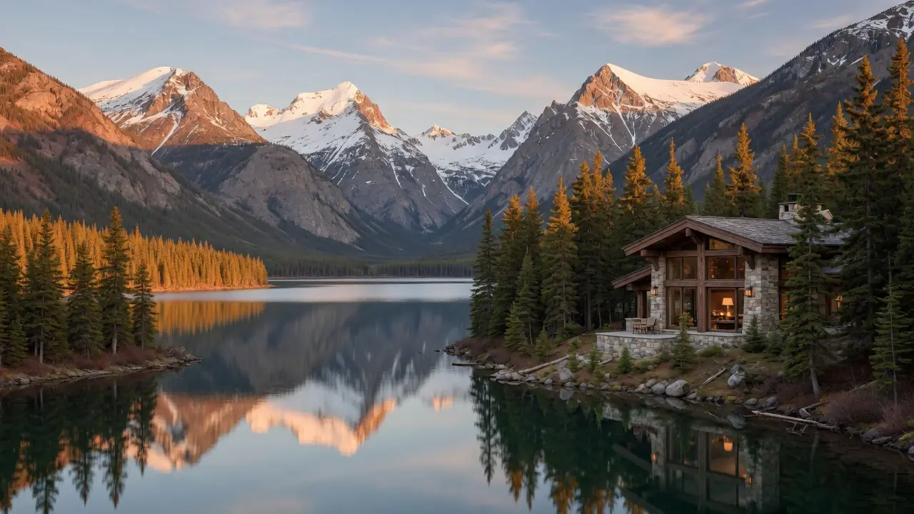 A mountain lake and a house among evergreens in warm evening light